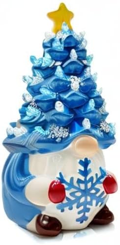 Ceramic Christmas Tree, Christmas Decorations for Indoor Home Table, Blue Gnome Christmas Decorations, Small Christmas Tree with Lights, Ceramic Winter Holidays Decor