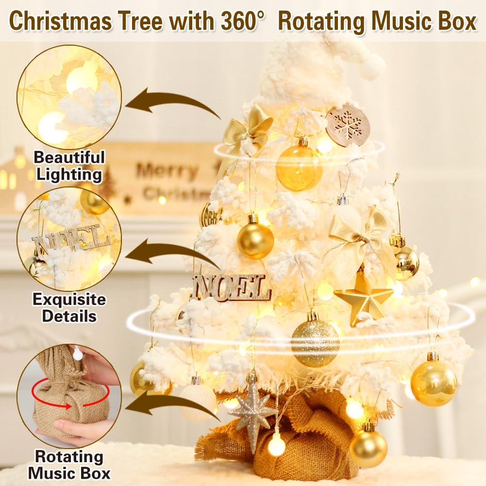 Mini Christmas Tree, Small White Christmas Tree with Lights and Music Pre-lit Artificial Christmas Tree Tabletop Christmas Decorations Indoor Outdoor DIY Christmas Decor for Home Party Wedding