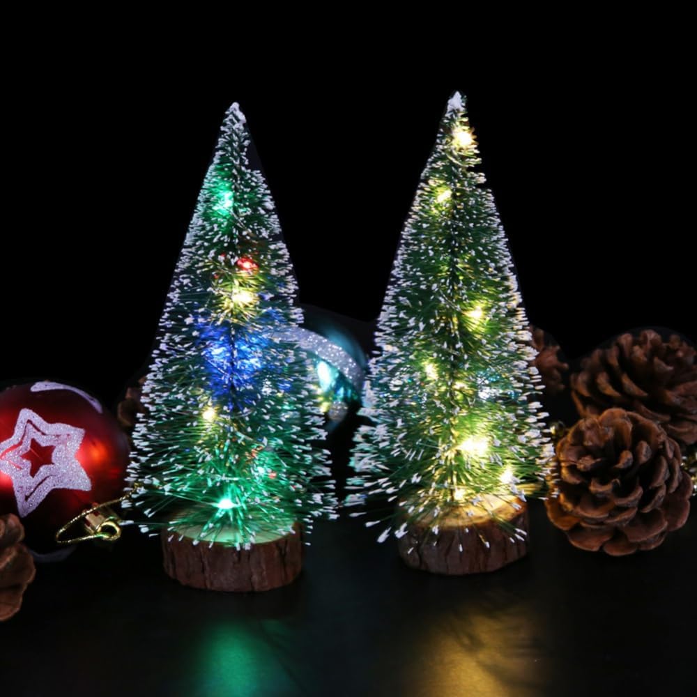 2 Pieces of Christmas Green Cedar LED Lights, Pine Needle Tree Christmas Decoration, Desktop Decoration Gift, Mini Christmas Tree Decoration (25m Colored Light)