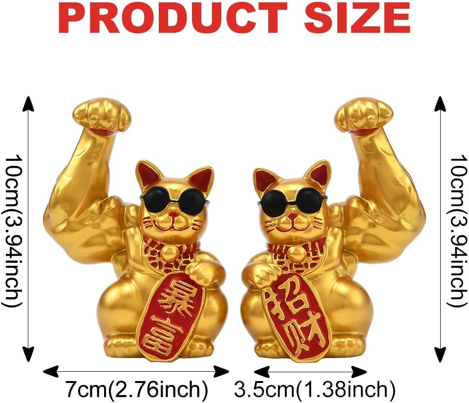 JSCARLIFE Feng Shui Money Cat, Car Ornament Lucky Fortune Cat Figurine Decor Welcoming Hand up for Housewarming Gift, Home Arrangement 2 pcs