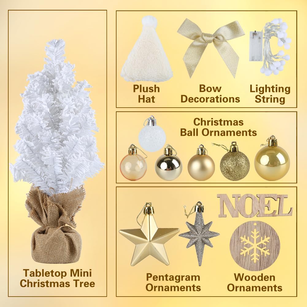 Mini Christmas Tree, Small White Christmas Tree with Lights and Music Pre-lit Artificial Christmas Tree Tabletop Christmas Decorations Indoor Outdoor DIY Christmas Decor for Home Party Wedding