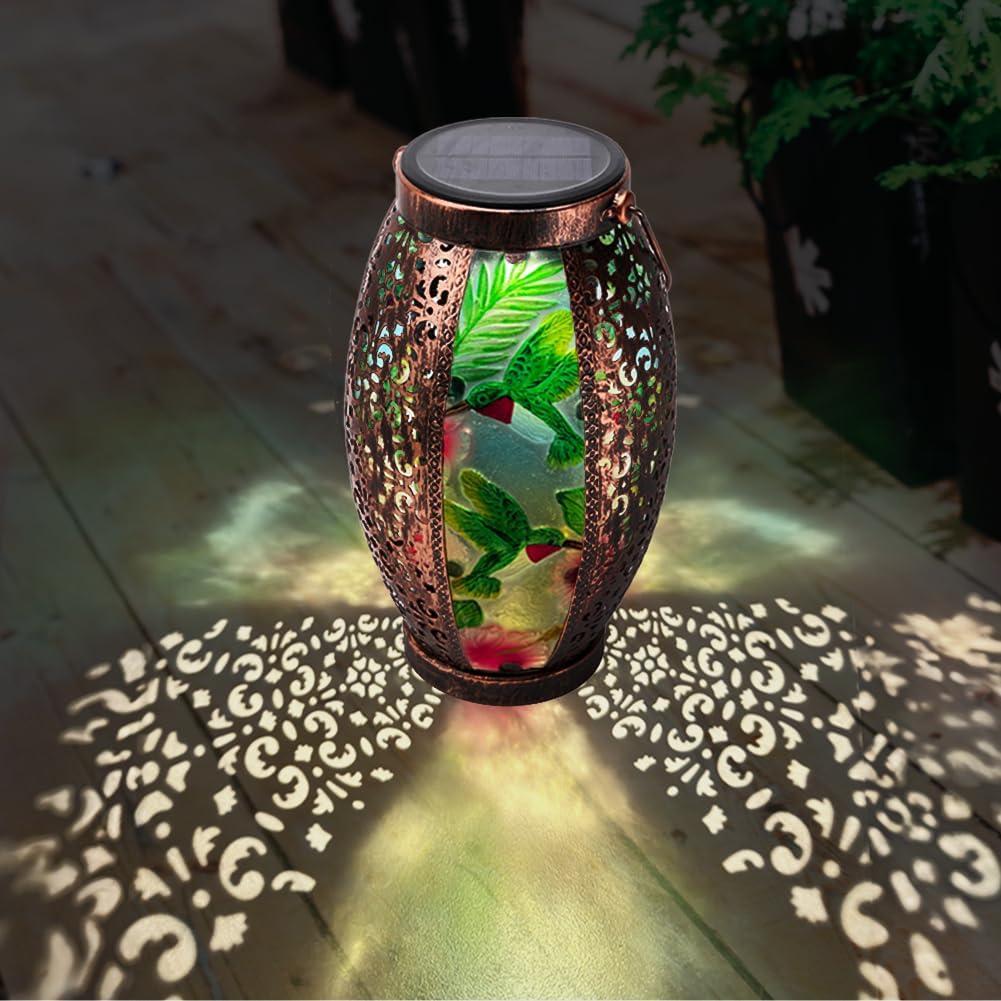 2PC Solar Lantern Outdoor Waterproof Glass & Metal Garden Decor Christmas Gifts for Women Mom Grandma Large Hanging Solar Light Tabletop Lamp for Yard, Patio, Porch (Hummingbird)