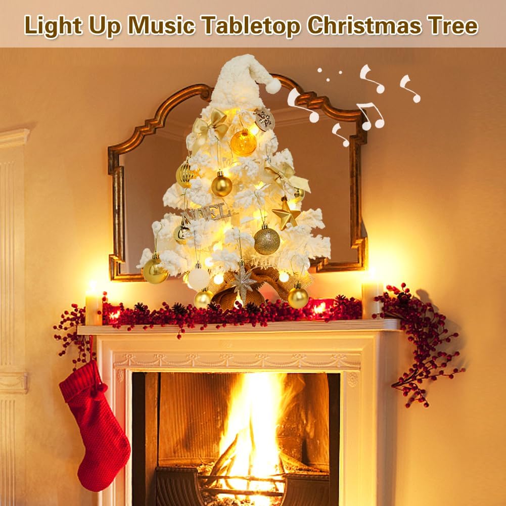 Mini Christmas Tree, Small White Christmas Tree with Lights and Music Pre-lit Artificial Christmas Tree Tabletop Christmas Decorations Indoor Outdoor DIY Christmas Decor for Home Party Wedding