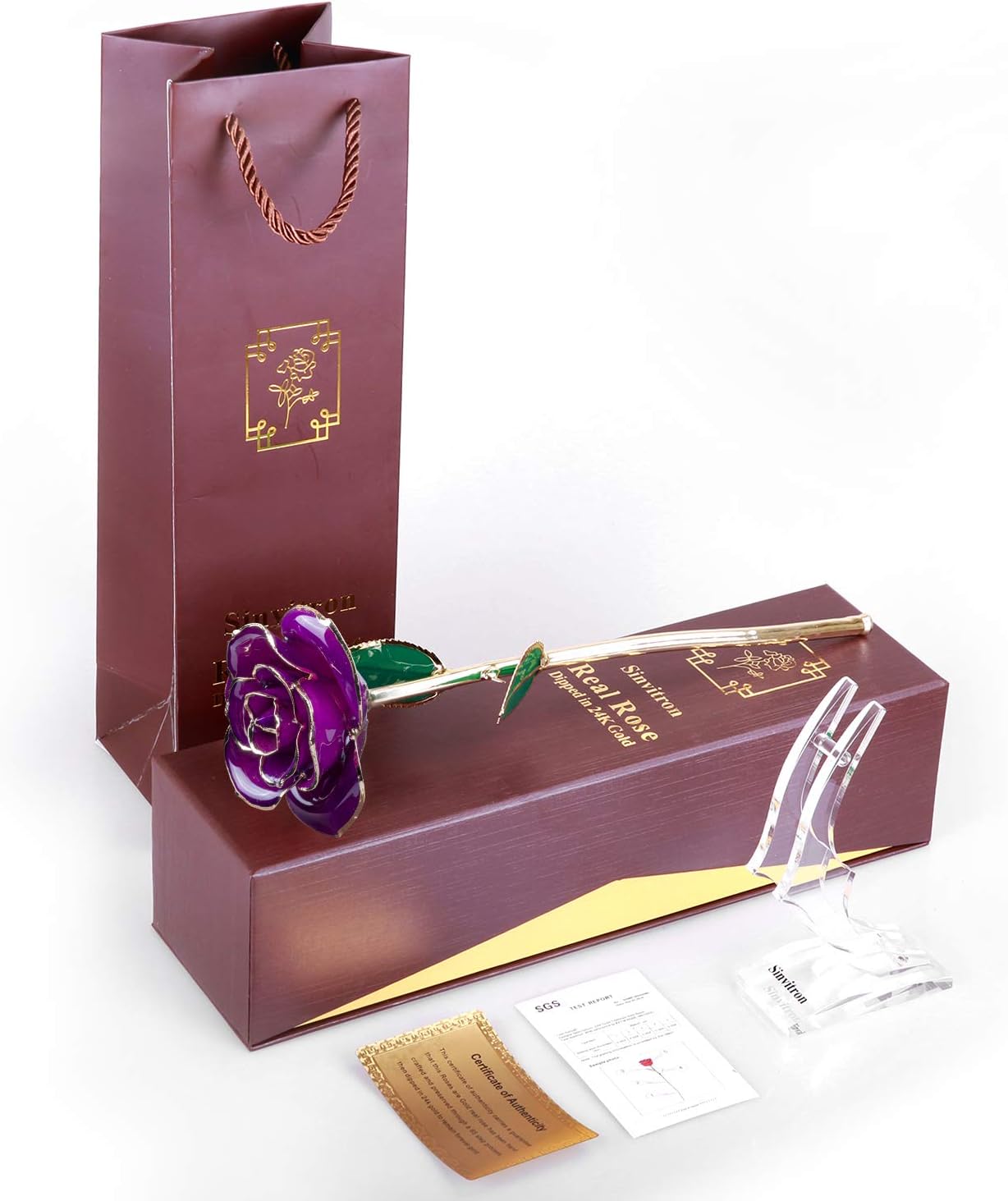 Sinvitron Gold Dipped Rose 24K Real Rose, Long Stem Gold Plated Rose with Stand, Valentines Day Gifts for Her,Gifts for Mom,24K Golden Rose for Anniversary and Mothers Day, Birthday (Purple)