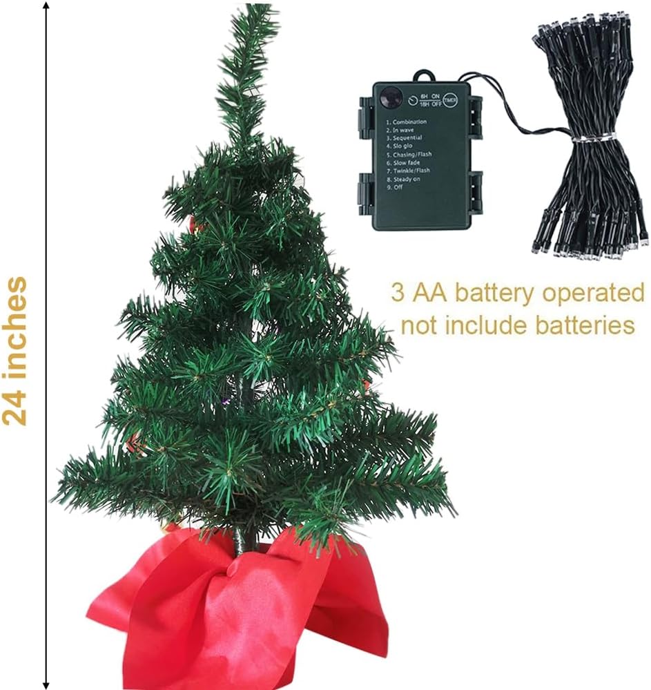 Juegoal 24 Inch Mini Christmas Tree, Table Top Artificial Christmas Trees with 50 LED Lights, Tree Topper, Red Berries