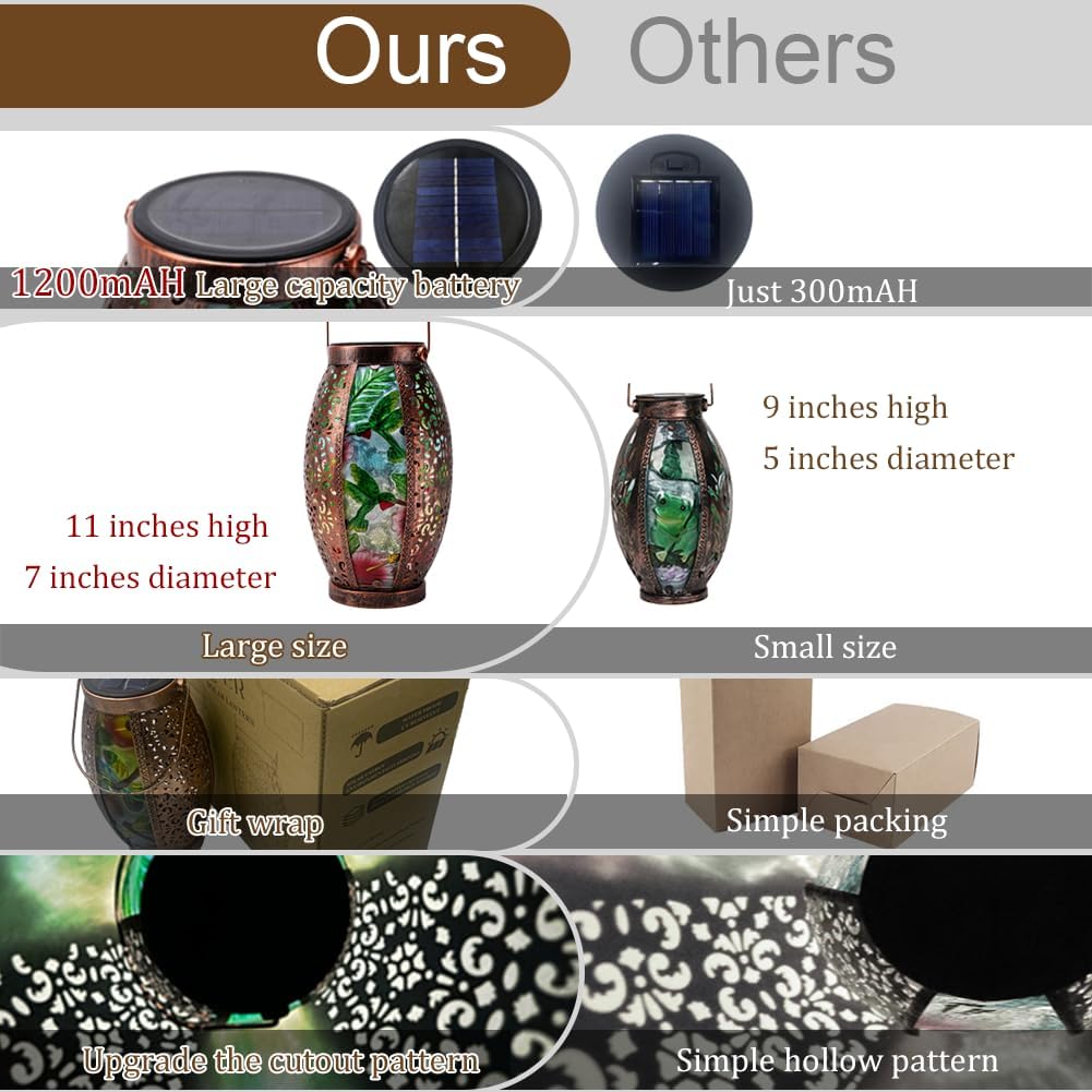 2PC Solar Lantern Outdoor Waterproof Glass & Metal Garden Decor Christmas Gifts for Women Mom Grandma Large Hanging Solar Light Tabletop Lamp for Yard, Patio, Porch (Hummingbird)