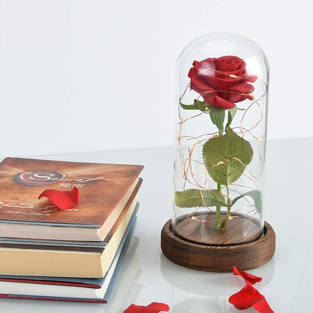SW Preserved Rose Enchanted Rose Red Silk Rose in Glass Dome with LED Lights Pine Base, Romantic Home Decor Gifts for Mom Women Valentines Day Christmas Mothers Day Wedding Anniversary Birthday