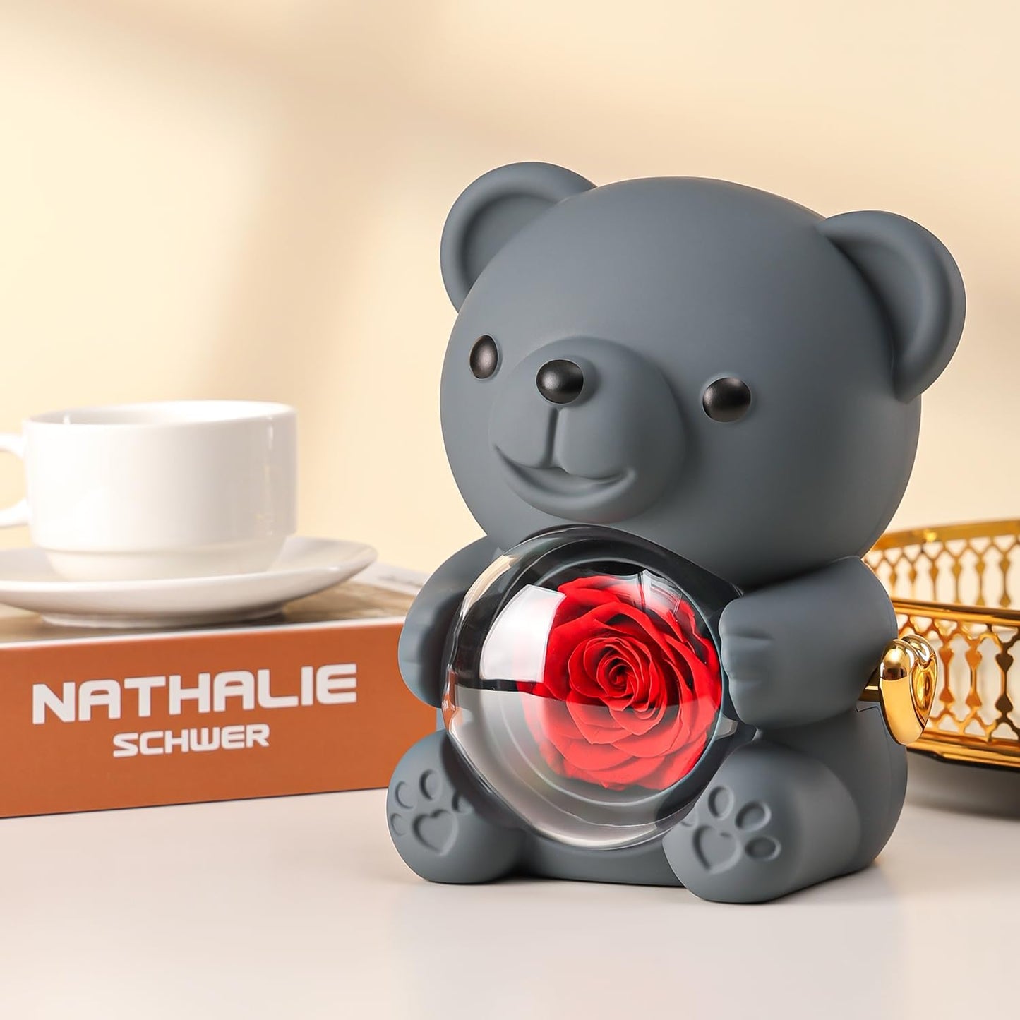 Cute Teddy Bear with Preserved Rose - A Real Rose Flower in Bear with Elegant Gift Box - Romantic Gift for Her in Valentine's Day, Mother's Day, Weddings, Anniversaries, and Bridal Showers (Grey)