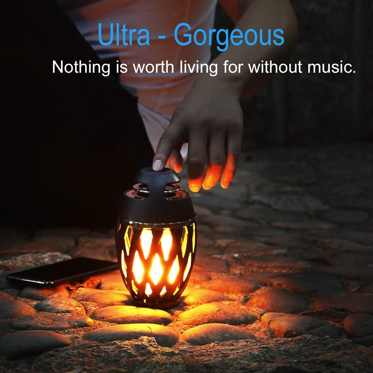 LED Flame Outdoor Table Lamp Torch Table Lamp with Blutooth Speaker, Rechargeable Ambience Lantern with Flickers Warm Light for Patio/Porch/Home Decor, Best Gift for Men Women Teens Kids