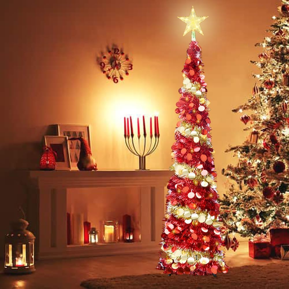 Pop-Up Artificial Christmas Tree, Collapsible Pencil Christmas Trees with 100LED Lights and Topper Star for Holiday Carnival Party Christmas Decorations (Red)