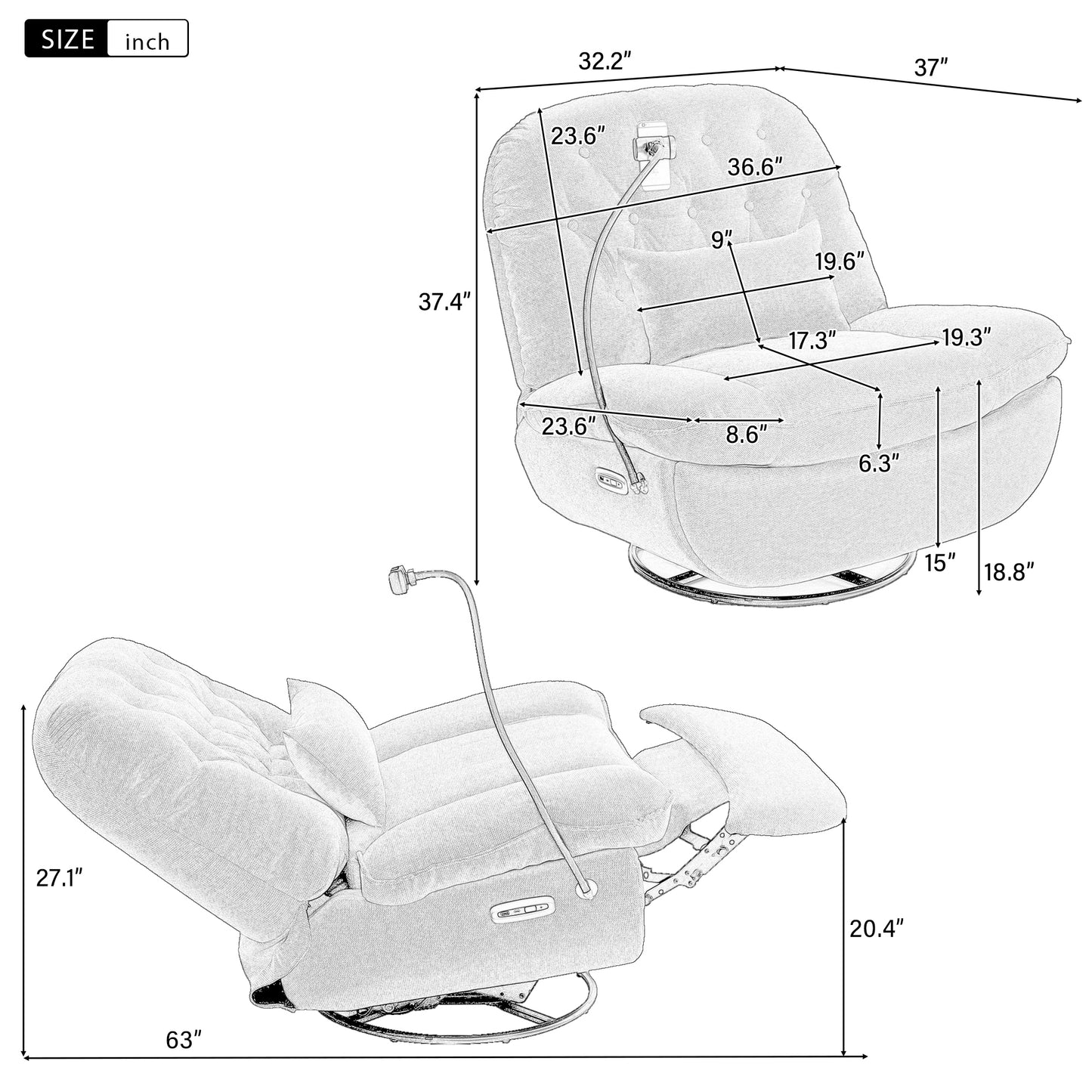 270 Degree Swivel Power Recliner with Voice Control, Bluetooth Music Player,USB Ports, Atmosphere Lamp, Hidden Arm Storage and Mobile Phone Holder for Living Room, Bedroom, Apartment, Red