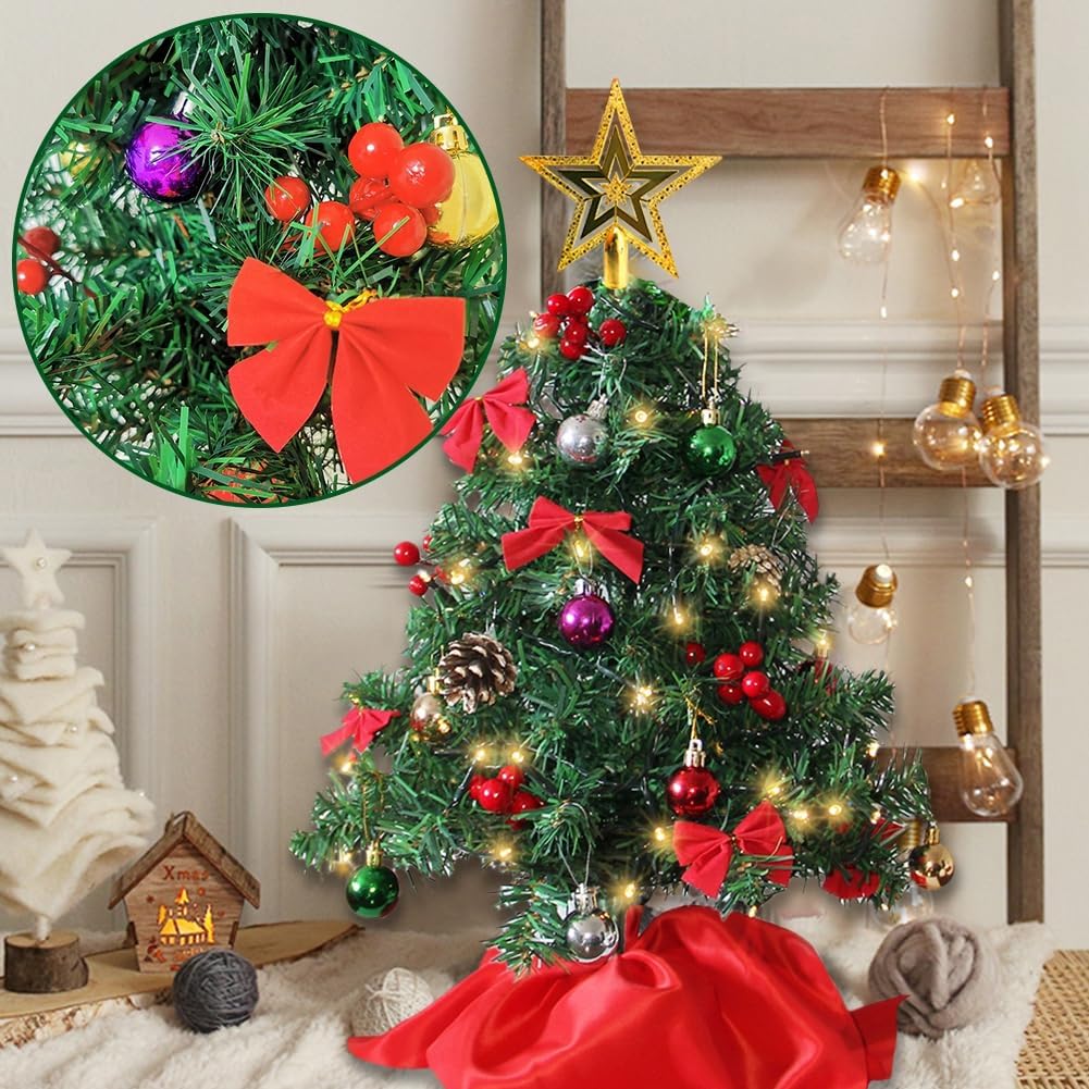 Juegoal 24 Inch Mini Christmas Tree, Table Top Artificial Christmas Trees with 50 LED Lights, Tree Topper, Red Berries