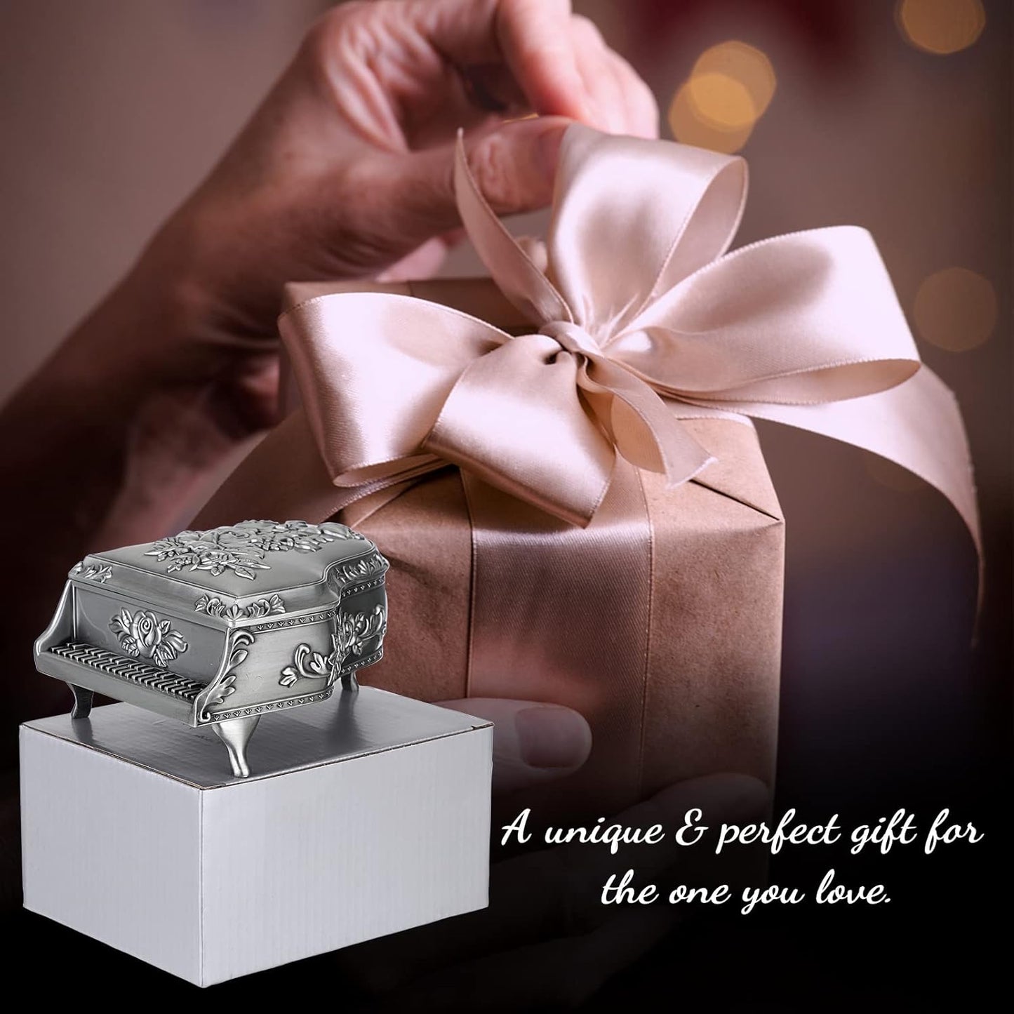 ELLDOO Vintage Piano Music Box, Silver Metal Wind Up Musical Jewelry Box Keepsake Box, Small Trinket Jewelry Storage Box Gift for Girl Women (Tune: You are My Sunshine)