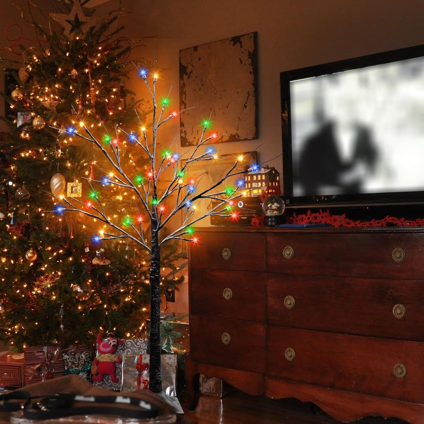 4FT Lighted Birch Tree, Black Christmas Tree with 48 LED Multicolor Lights Artificial Frosted Charlie Brown Christmas Birch Tree for Indoor Outdoor Home Party Christmas Decorations