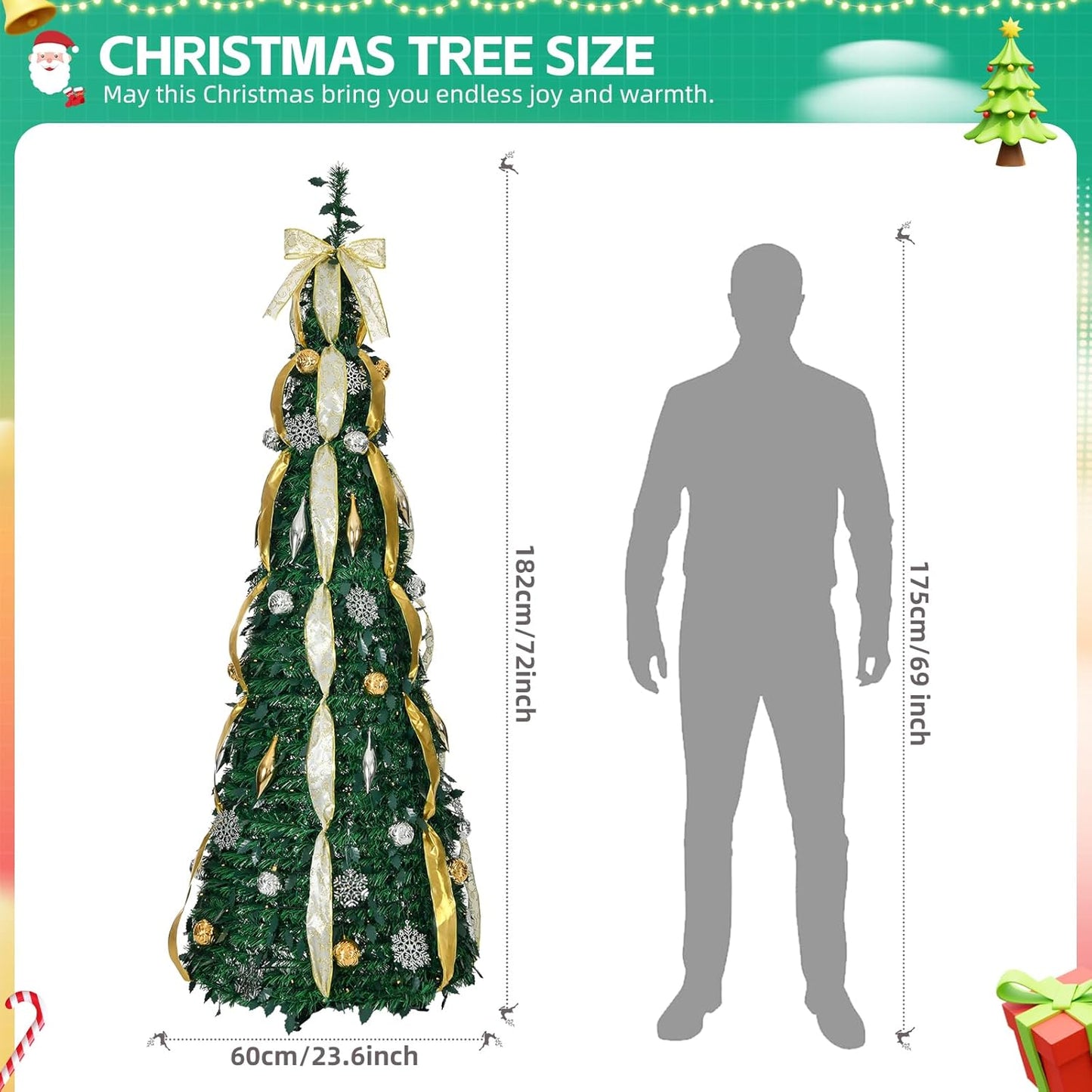 6Ft Fully Decorated Pull-Up Christmas Tree Ornaments, Gold Ribbon, Snow Flower, Easy Assemble Collapsible Xmas Trees Holiday Party Decor