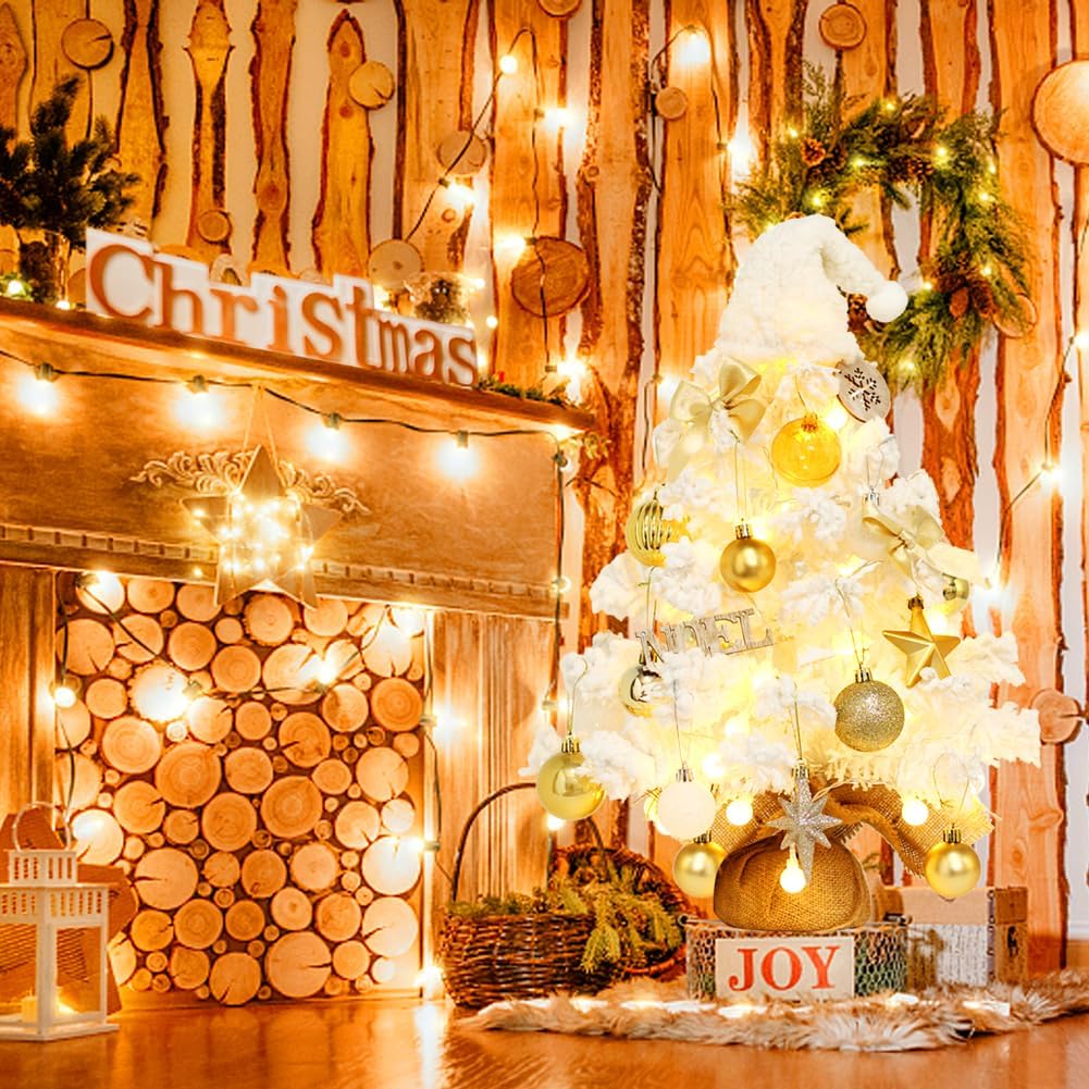 Mini Christmas Tree, Small White Christmas Tree with Lights and Music Pre-lit Artificial Christmas Tree Tabletop Christmas Decorations Indoor Outdoor DIY Christmas Decor for Home Party Wedding