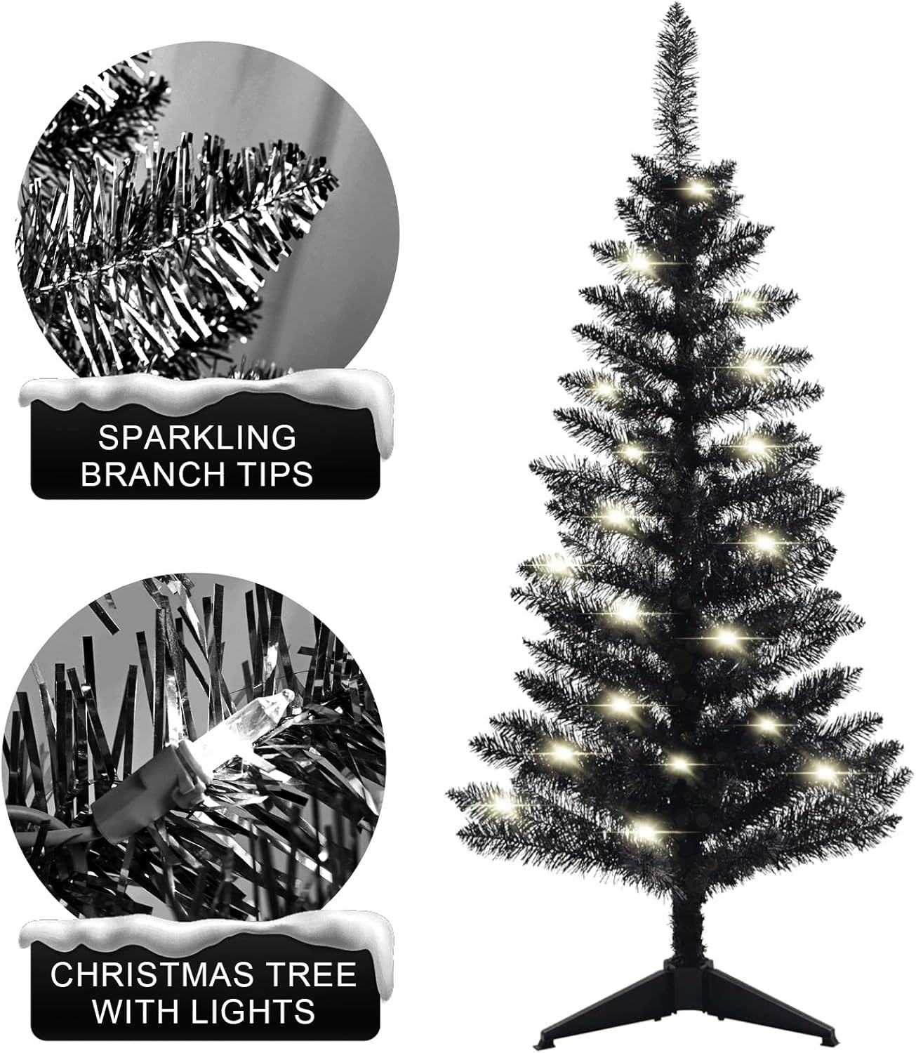 4FT Christmas Tree with Lights Pre-Lit, Halloween Black Christmas Tree, 50 Warm White Lights, Mini Tabletop Christmas Tree for Home, Shops and Holiday Decoration, Black Tinsel
