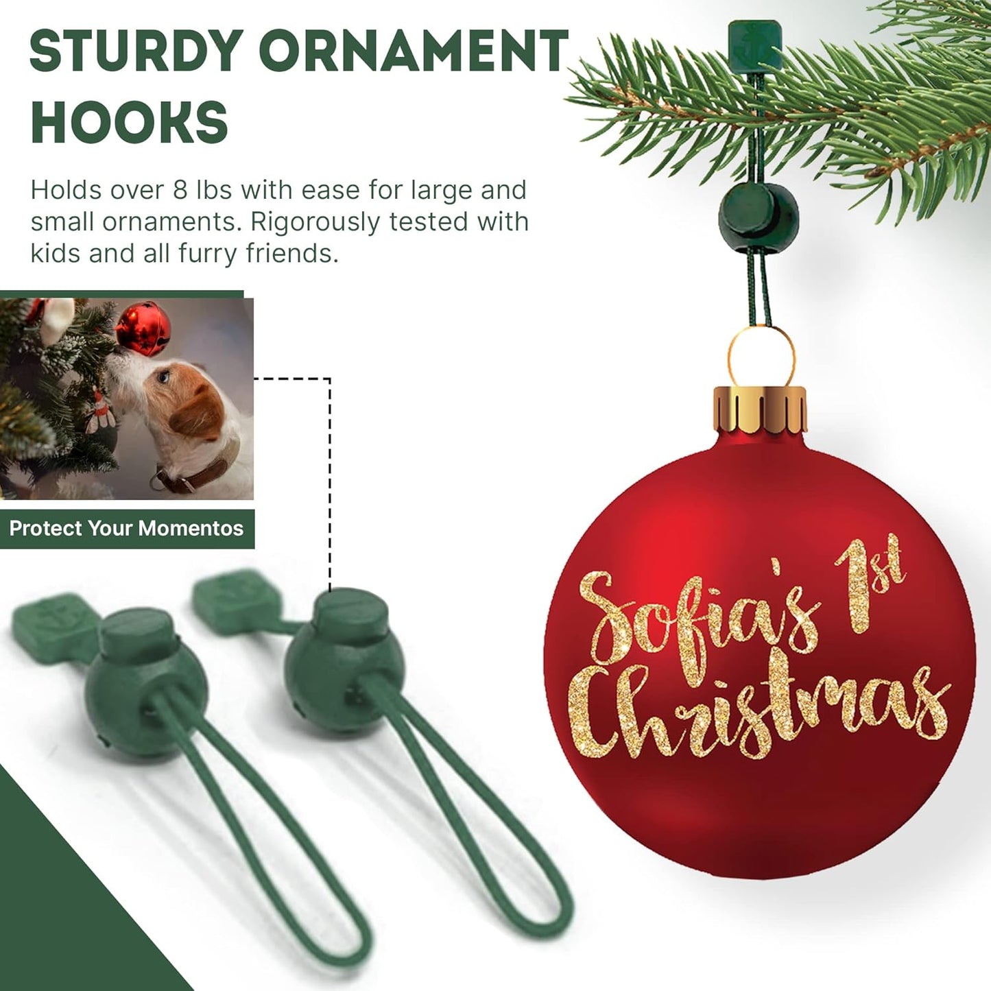 ORNAMENT ANCHOR Ornament Hooks for Hanging Christmas Decorations - No-Slip Hanging Hooks for Xmas - Heavy Duty Christmas Tree Ornaments Hanger Hooks for Small & Large Ornaments (Green, 24 Count)