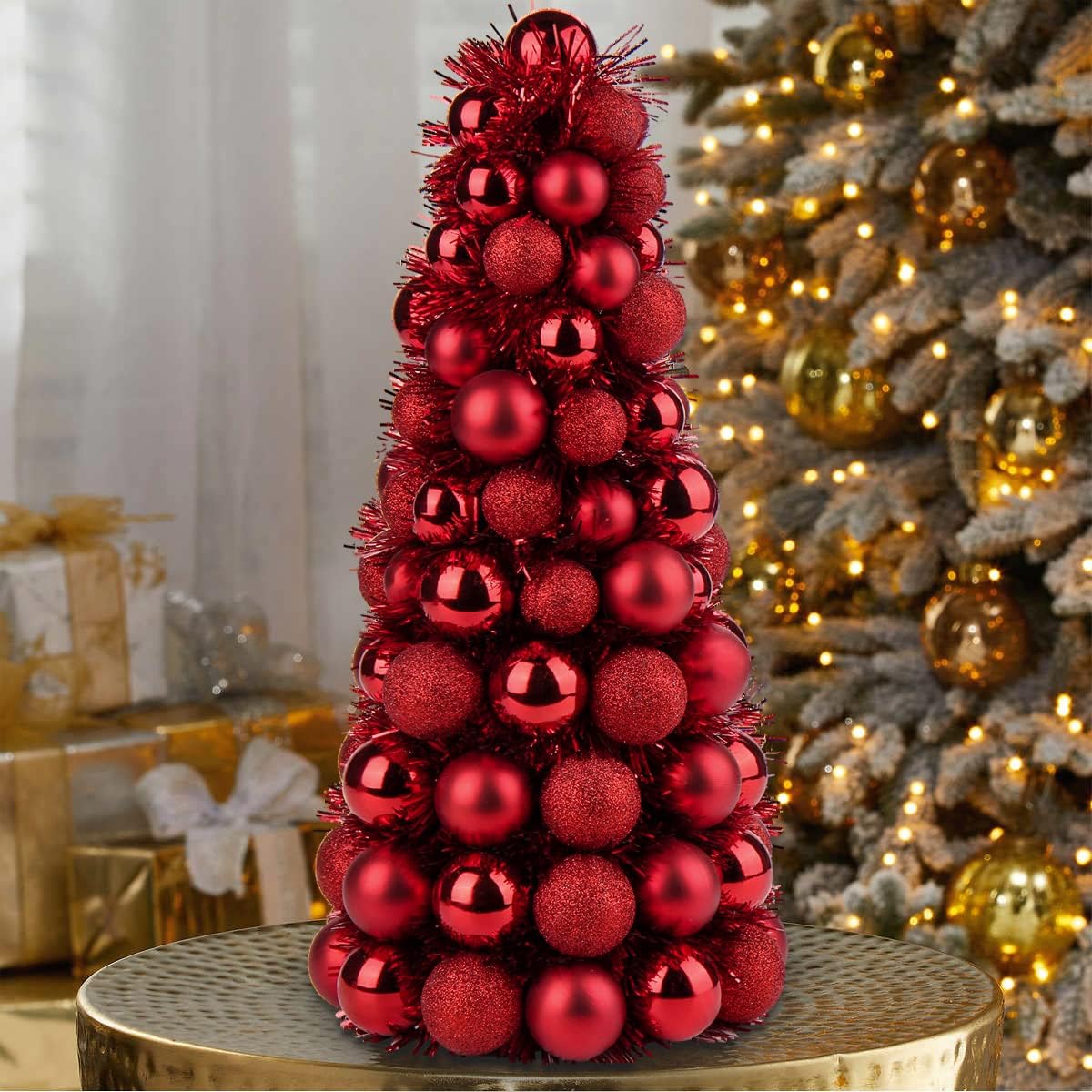 16" Small Tabletop Christmas Tree, Mini Xmas Tree with 94 Shatterproof Christmas Ornaments Balls for Christmas Decor Holiday Party Wedding Centerpiece -Red