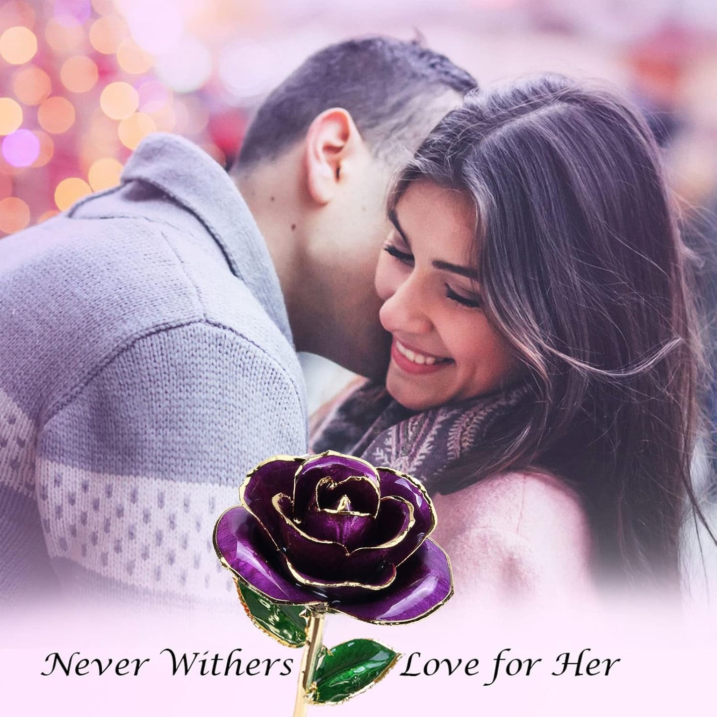 Sinvitron Gold Dipped Rose 24K Real Rose, Long Stem Gold Plated Rose with Stand, Valentines Day Gifts for Her,Gifts for Mom,24K Golden Rose for Anniversary and Mothers Day, Birthday (Purple)