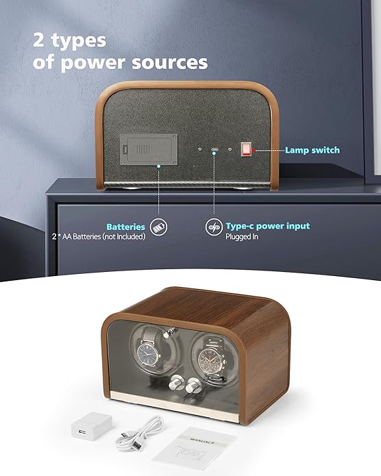 Watch Winder for Automatic Watches,Watch Winders Box for Rolex,Double Japanese Silent Motor, 4 Rotation Mode Setting, Blue Light, Plug-in or 2 * AA Batteries (not Included), Retro Style, Gift for Man