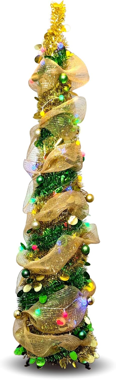 5FT Pop-Up Christmas Tree with 10-inch X 1.6 Feet Metallic Mesh Ribbon, Multi-Color 50 LED String Lights,10 Decorative Balls for DIY, Ideal for Indoor/Outdoor Christmas Decoration