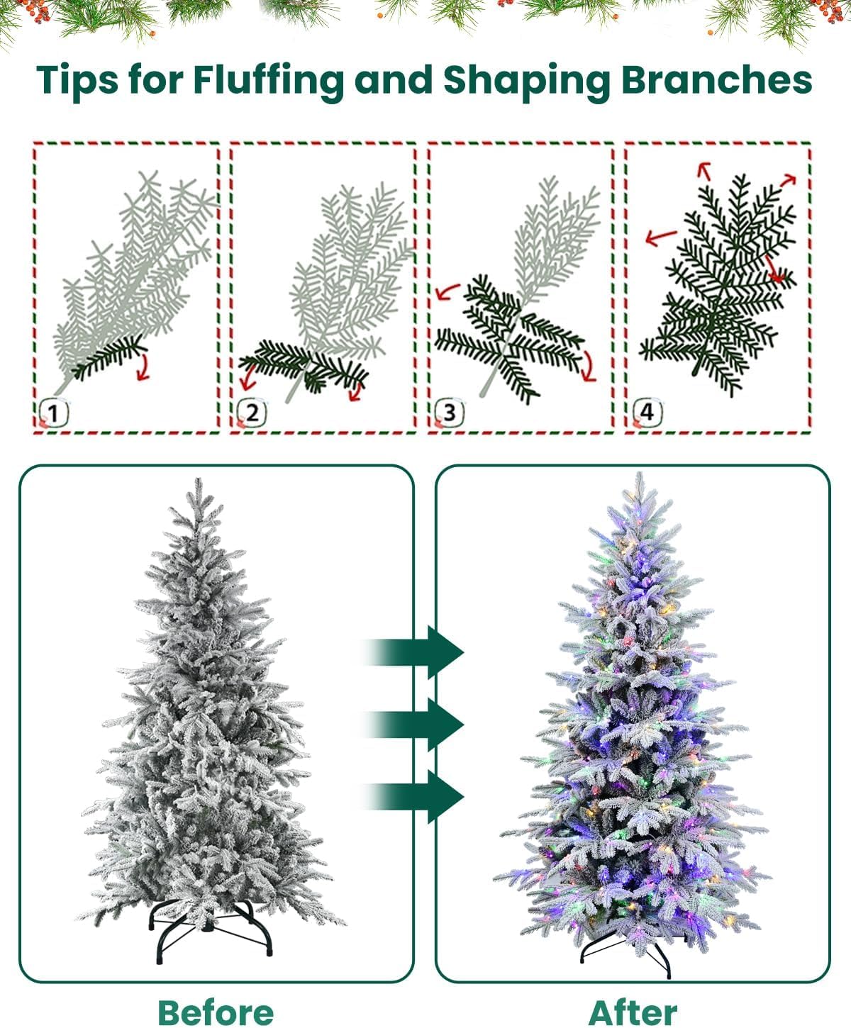 Artificial Christmas Tree with Lights - Leheyhey 6ft Flocked Christmas Tree Prelit - Halloween Christmas Tree for Home Office Store, Holiday Decoration - 1582 PE & PVC Mixed Branch Tips