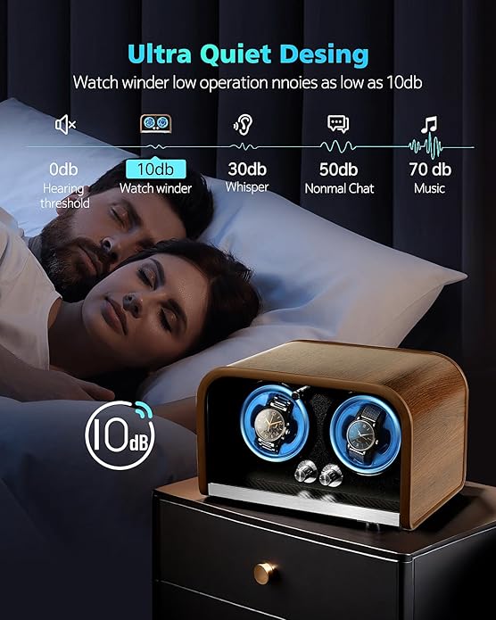 Watch Winder for Automatic Watches,Watch Winders Box for Rolex,Double Japanese Silent Motor, 4 Rotation Mode Setting, Blue Light, Plug-in or 2 * AA Batteries (not Included), Retro Style, Gift for Man