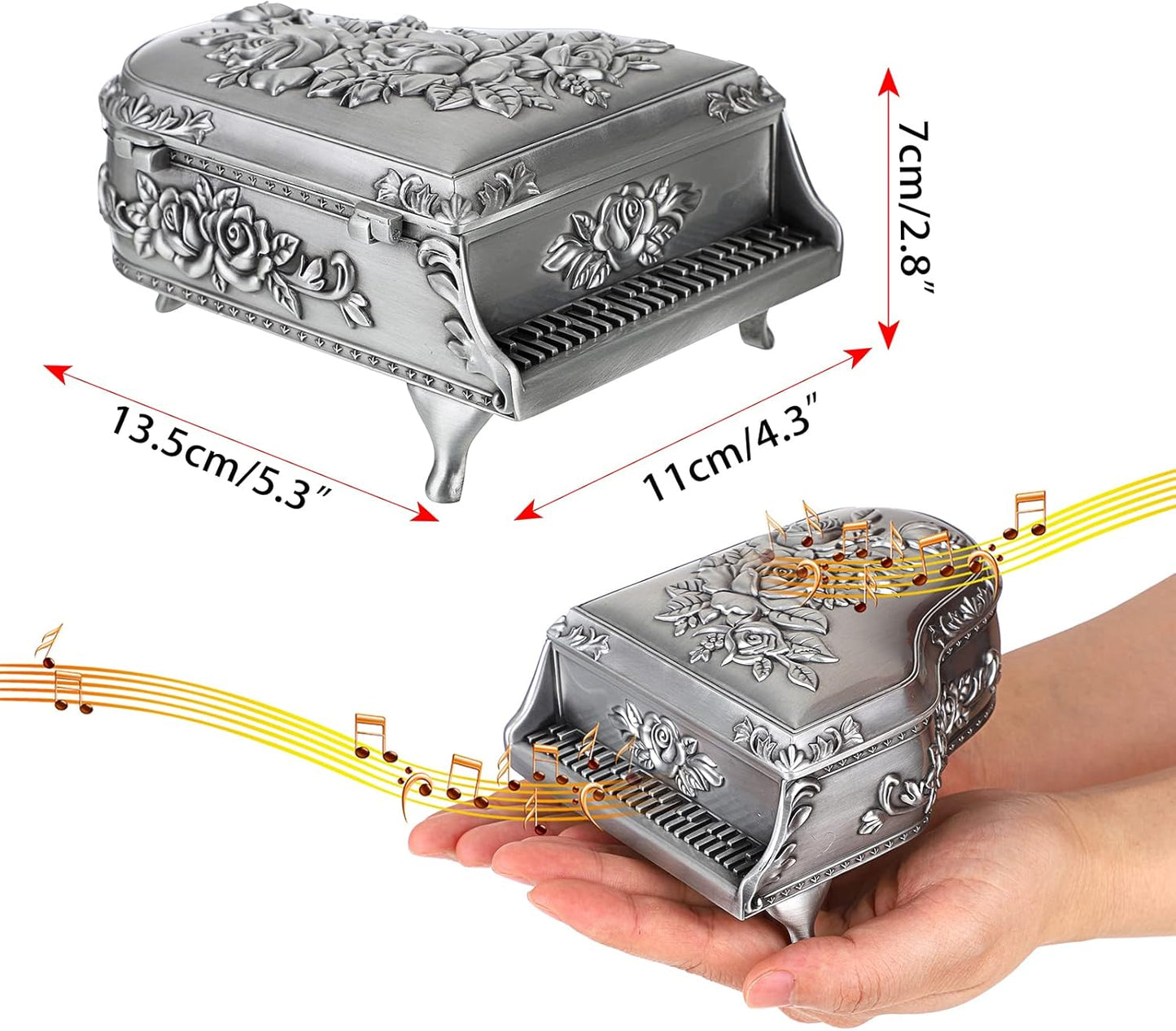 ELLDOO Vintage Piano Music Box, Silver Metal Wind Up Musical Jewelry Box Keepsake Box, Small Trinket Jewelry Storage Box Gift for Girl Women (Tune: You are My Sunshine)