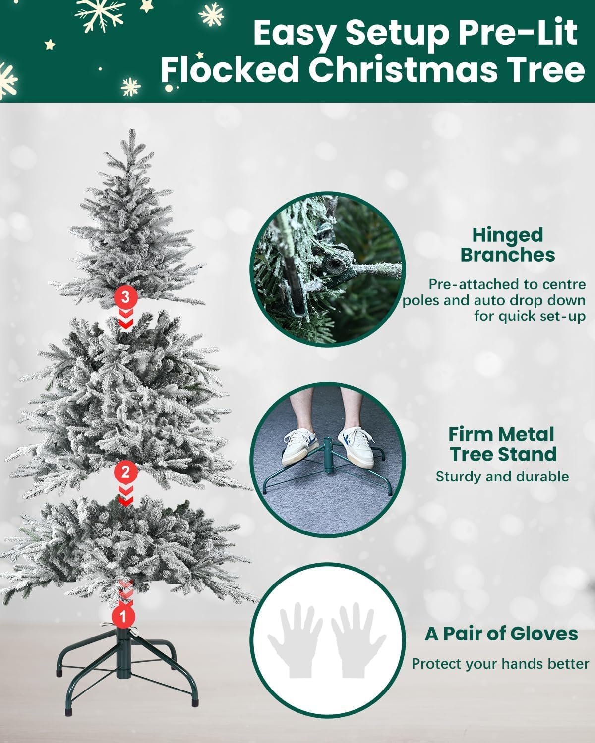 Artificial Christmas Tree with Lights - Leheyhey 6ft Flocked Christmas Tree Prelit - Halloween Christmas Tree for Home Office Store, Holiday Decoration - 1582 PE & PVC Mixed Branch Tips