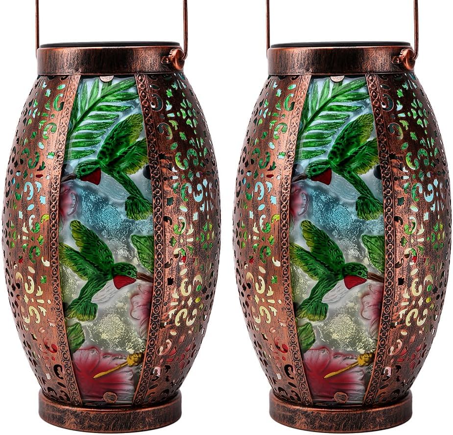 2PC Solar Lantern Outdoor Waterproof Glass & Metal Garden Decor Christmas Gifts for Women Mom Grandma Large Hanging Solar Light Tabletop Lamp for Yard, Patio, Porch (Hummingbird)