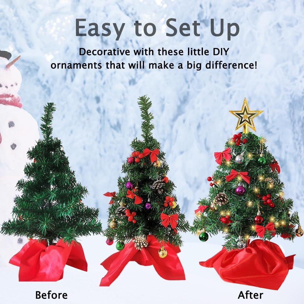 Juegoal 24 Inch Mini Christmas Tree, Table Top Artificial Christmas Trees with 50 LED Lights, Tree Topper, Red Berries