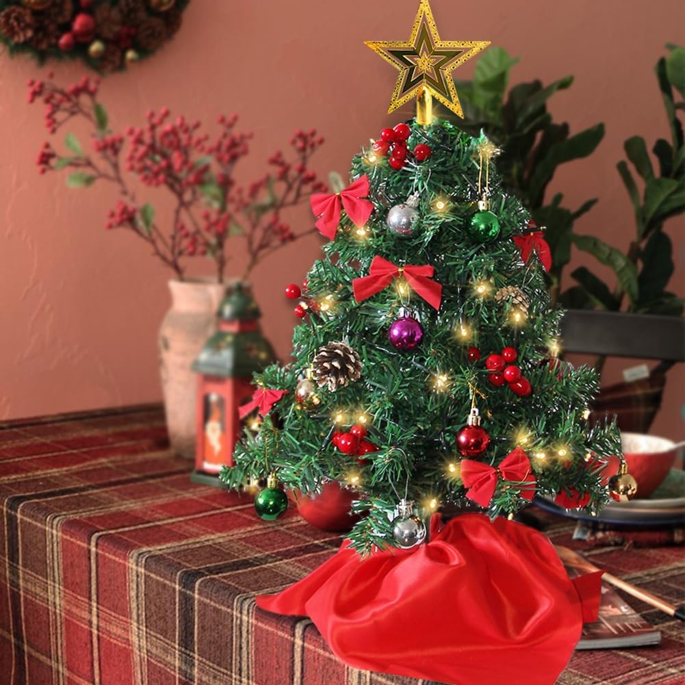 Juegoal 24 Inch Mini Christmas Tree, Table Top Artificial Christmas Trees with 50 LED Lights, Tree Topper, Red Berries