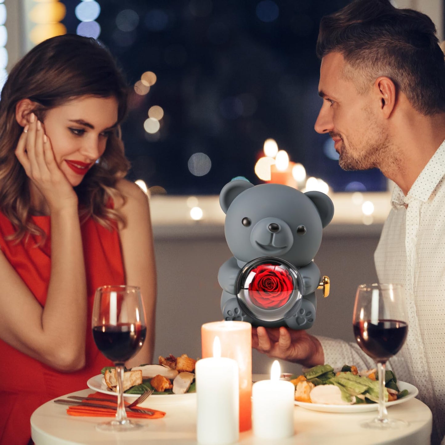 Cute Teddy Bear with Preserved Rose - A Real Rose Flower in Bear with Elegant Gift Box - Romantic Gift for Her in Valentine's Day, Mother's Day, Weddings, Anniversaries, and Bridal Showers (Grey)