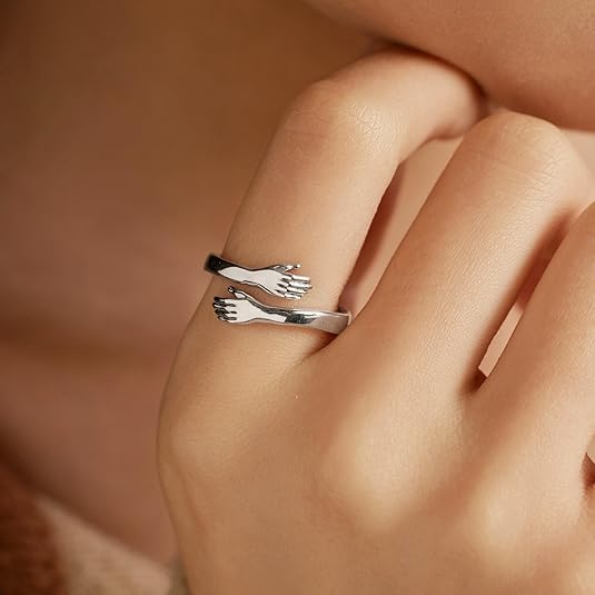 LOVECOM S925 Sterling Silver Hug Rings for Women Adjustable Hugging Hands Open Ring for Men Promise Rings Jewelry Birthday Mothers Day Gifts for Dad Mom Wife Daughters Grandma Best Friend