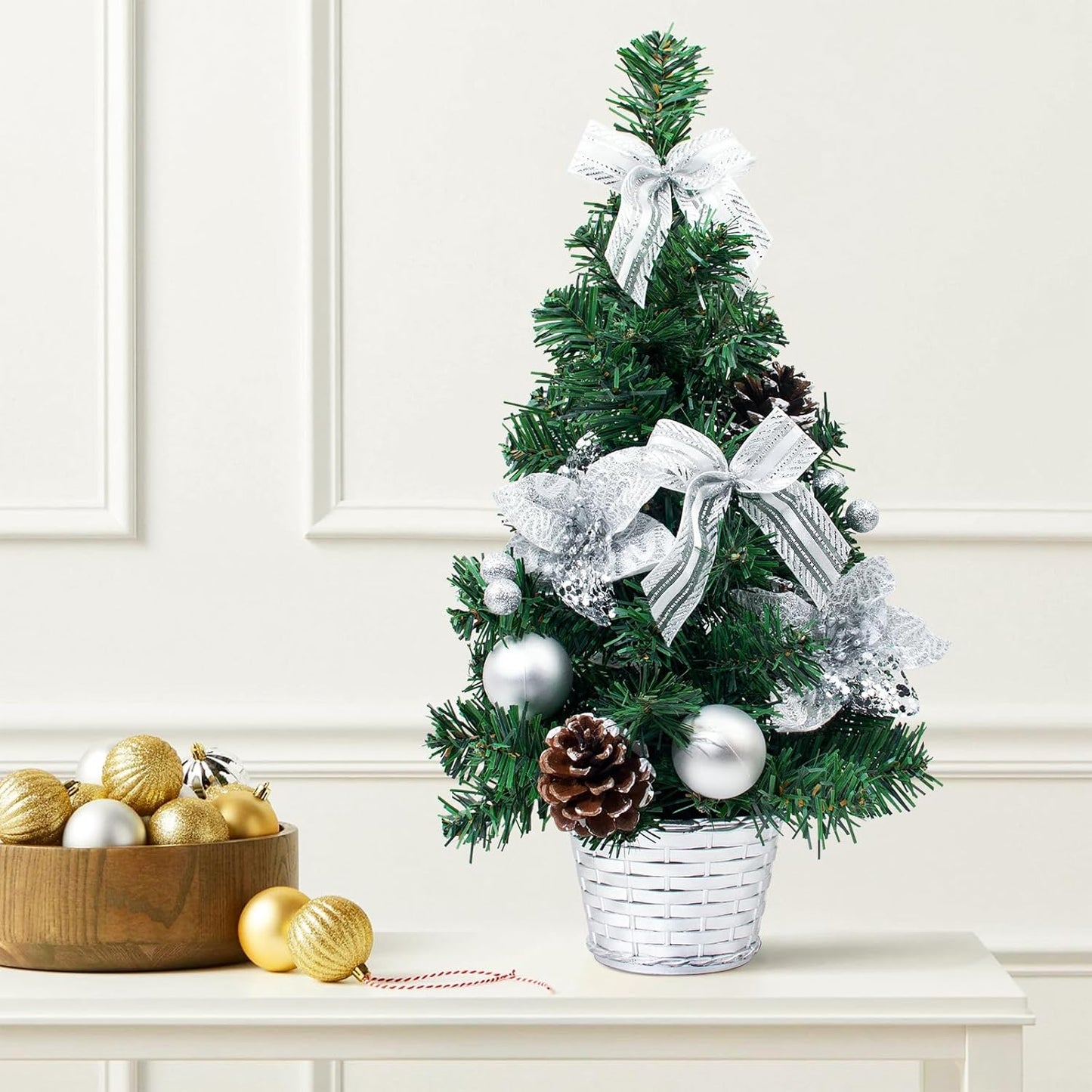 Tabletop Mini Christmas Tree, 15.74" Artificial Christmas Tree Miniature Pine Christmas Tree Perfect for Christmas Decorations, Home, Kitchen, Dining Table(Silver)