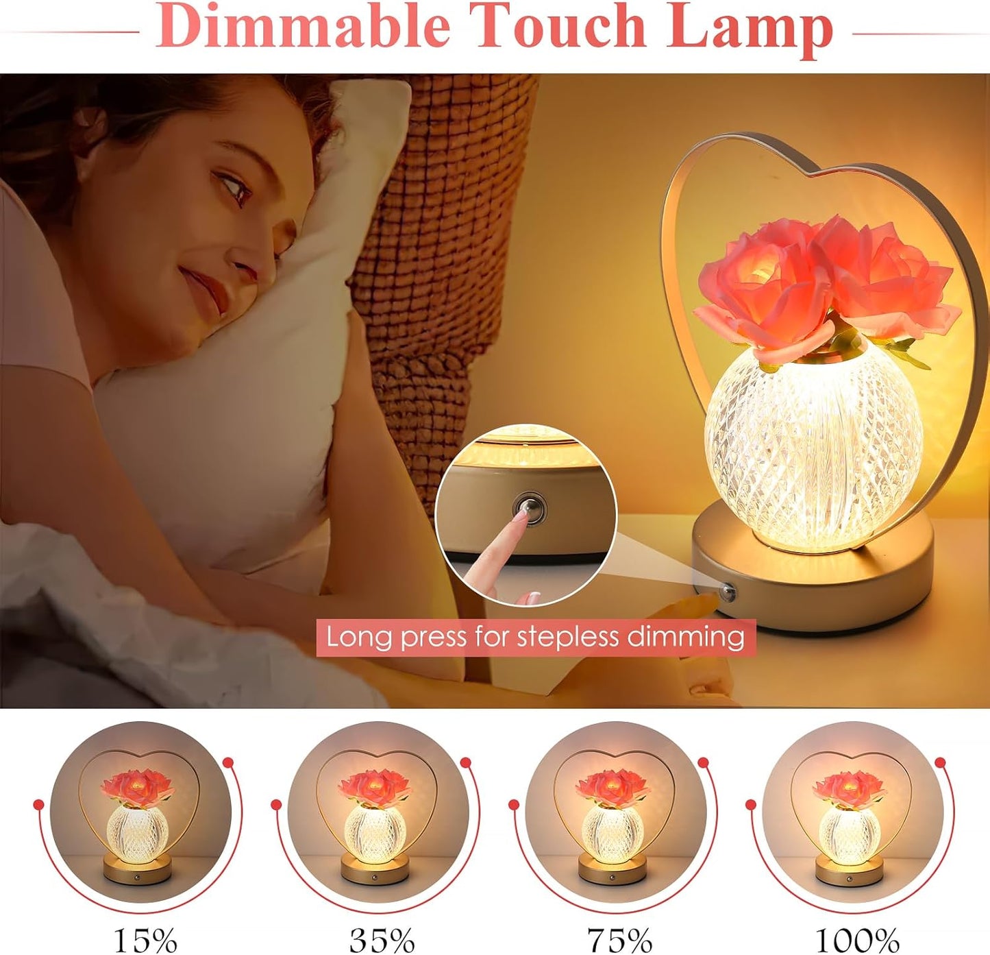 Birthday Gifts for Women,Roses Flower Rechargeable Cordless LED Touch Table Lamp,3-Colour Infinitely Dimming Small Night Light,Valentine Day,Mothers Day,Xmas Gifts for Mom Girlfriend Wife Grandma