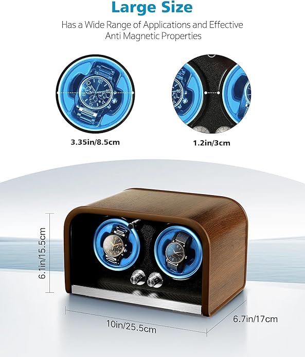 Watch Winder for Automatic Watches,Watch Winders Box for Rolex,Double Japanese Silent Motor, 4 Rotation Mode Setting, Blue Light, Plug-in or 2 * AA Batteries (not Included), Retro Style, Gift for Man