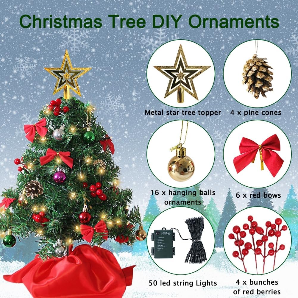 Juegoal 24 Inch Mini Christmas Tree, Table Top Artificial Christmas Trees with 50 LED Lights, Tree Topper, Red Berries