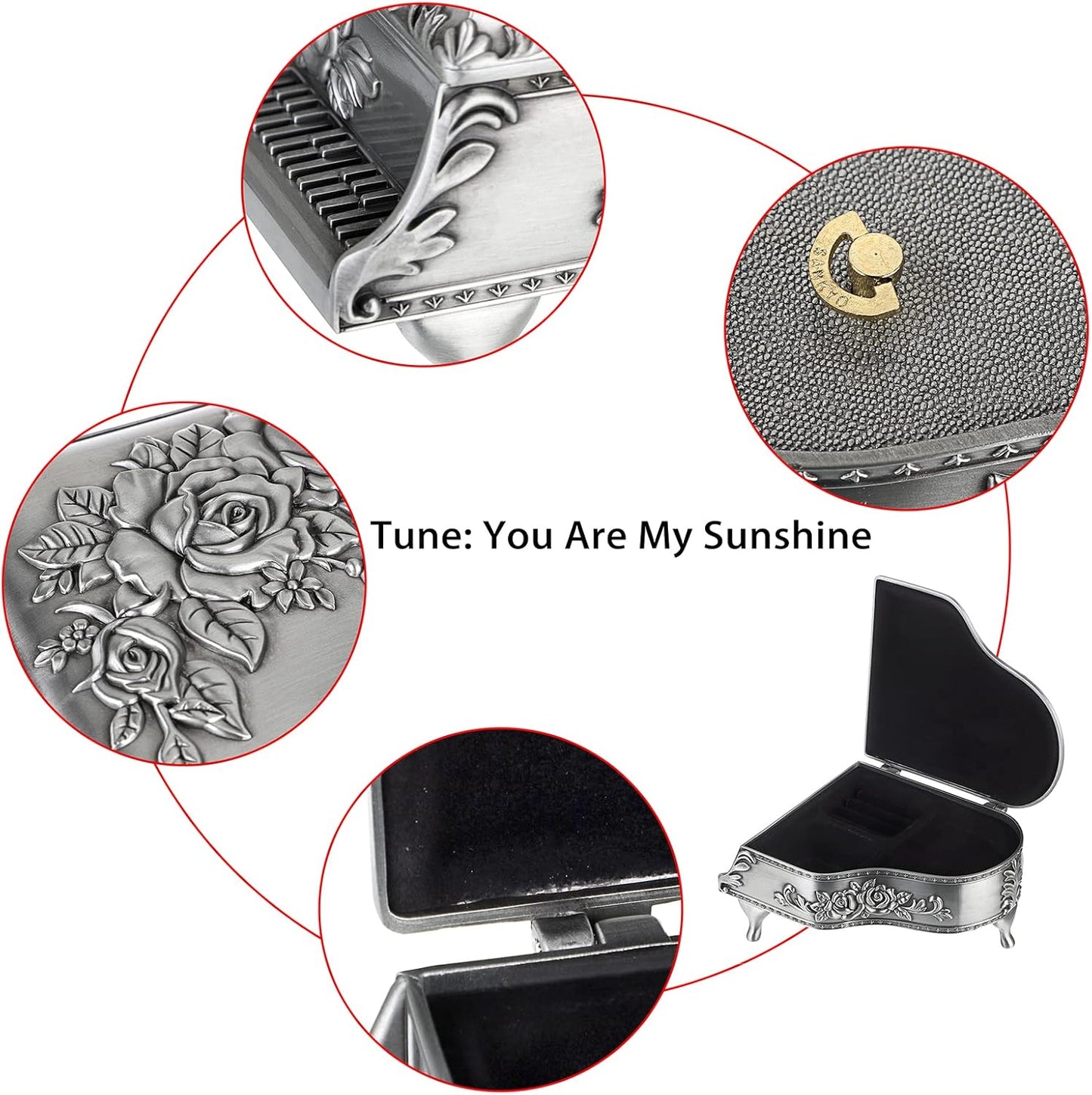 ELLDOO Vintage Piano Music Box, Silver Metal Wind Up Musical Jewelry Box Keepsake Box, Small Trinket Jewelry Storage Box Gift for Girl Women (Tune: You are My Sunshine)