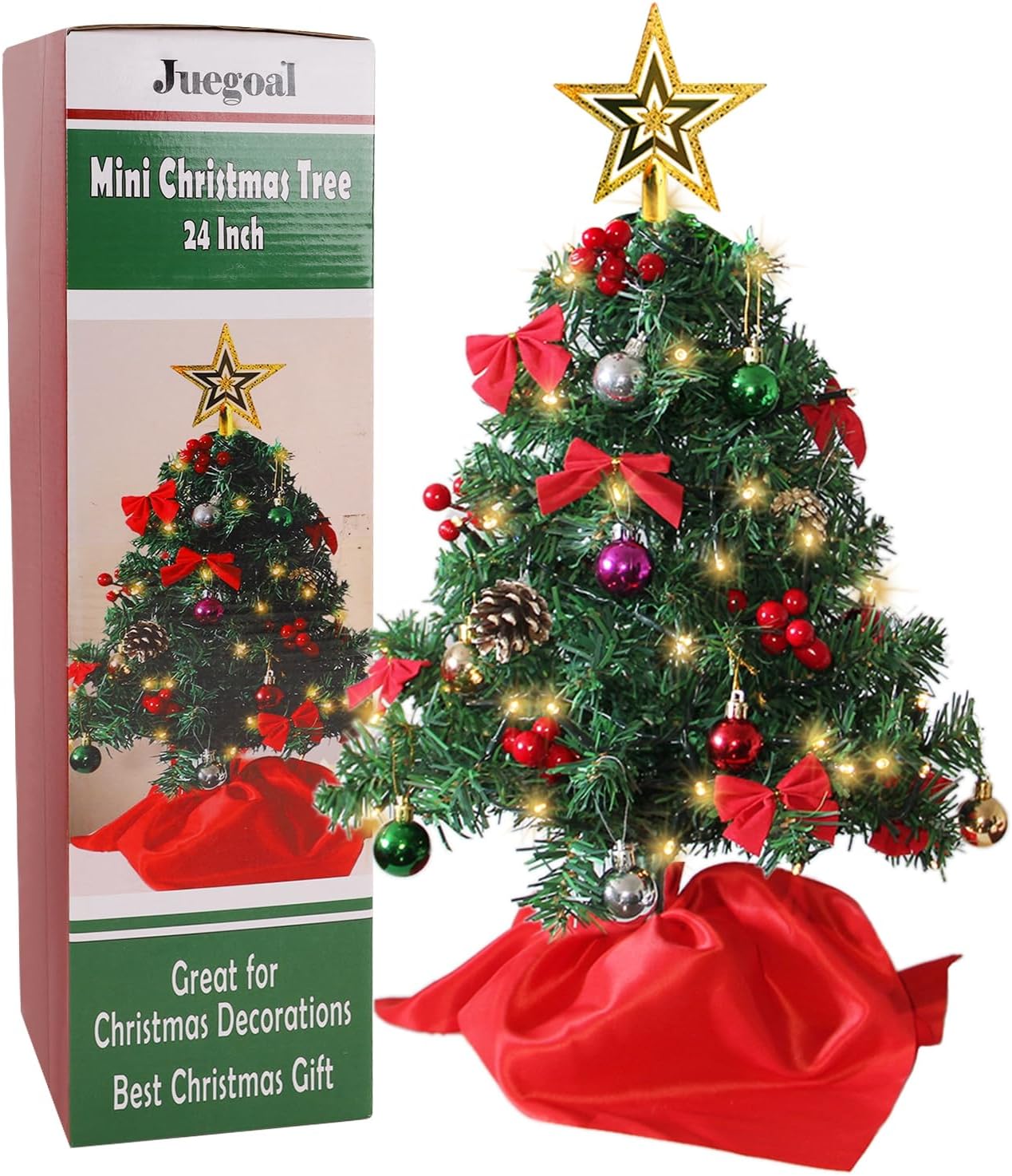 Juegoal 24 Inch Mini Christmas Tree, Table Top Artificial Christmas Trees with 50 LED Lights, Tree Topper, Red Berries