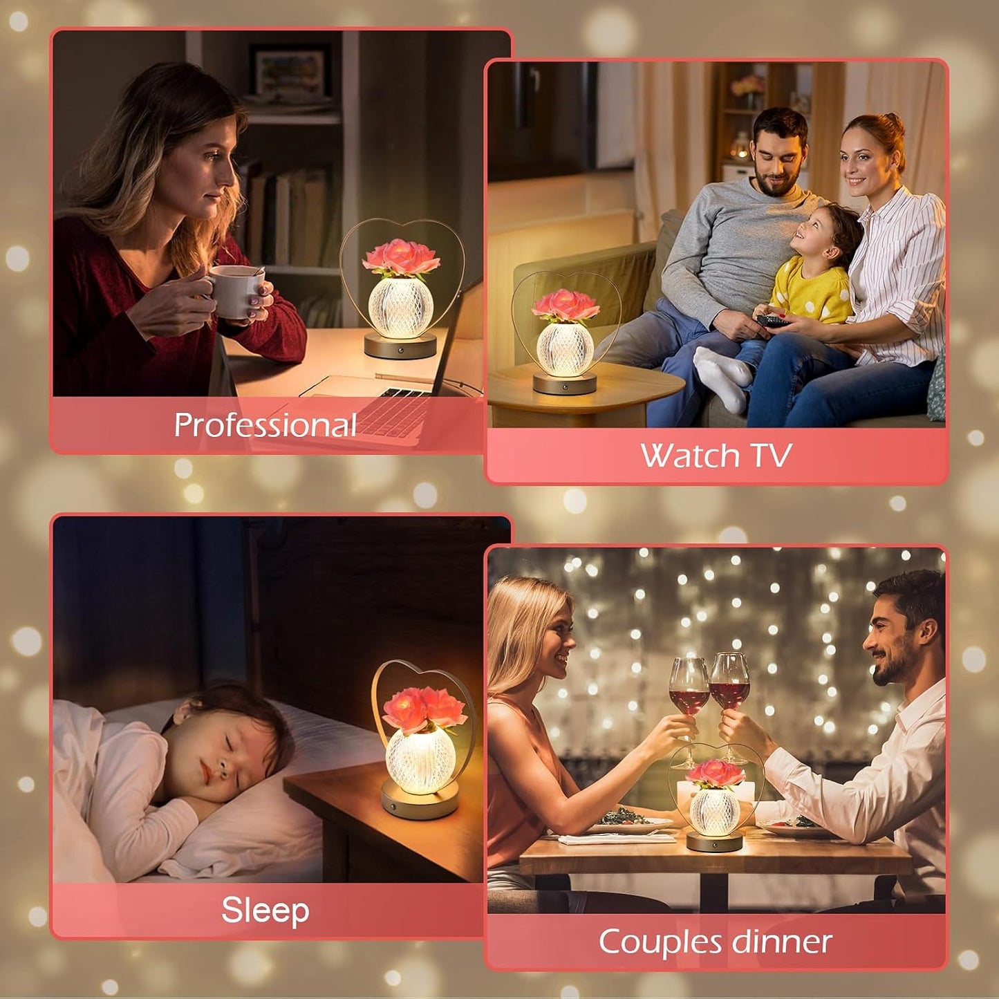 Birthday Gifts for Women,Roses Flower Rechargeable Cordless LED Touch Table Lamp,3-Colour Infinitely Dimming Small Night Light,Valentine Day,Mothers Day,Xmas Gifts for Mom Girlfriend Wife Grandma