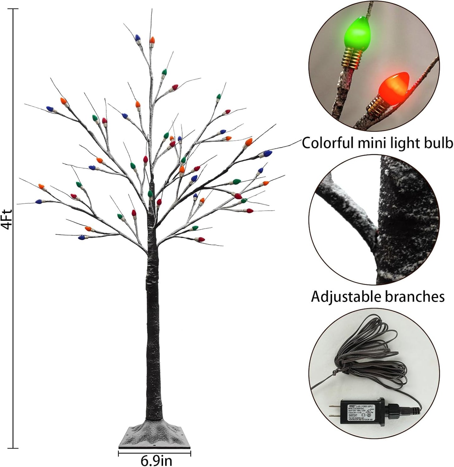 4FT Lighted Birch Tree, Black Christmas Tree with 48 LED Multicolor Lights Artificial Frosted Charlie Brown Christmas Birch Tree for Indoor Outdoor Home Party Christmas Decorations
