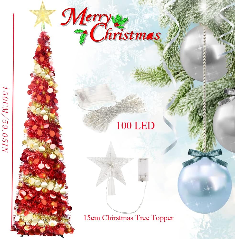 Pop-Up Artificial Christmas Tree, Collapsible Pencil Christmas Trees with 100LED Lights and Topper Star for Holiday Carnival Party Christmas Decorations (Red)