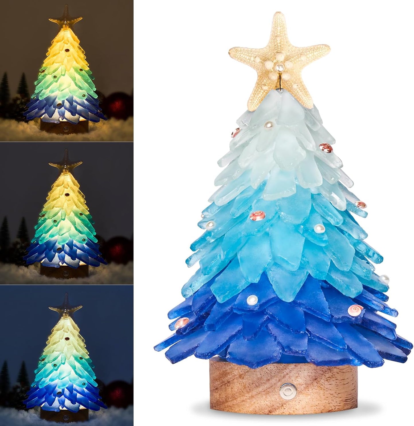 Sea Glass Christmas Tree - Handcrafted Mini Christmas Tree with LED Lights, Blue Gradient Color, Ideal for Christmas, New Year, Coastal Holiday Decor, Versatile Home Decor