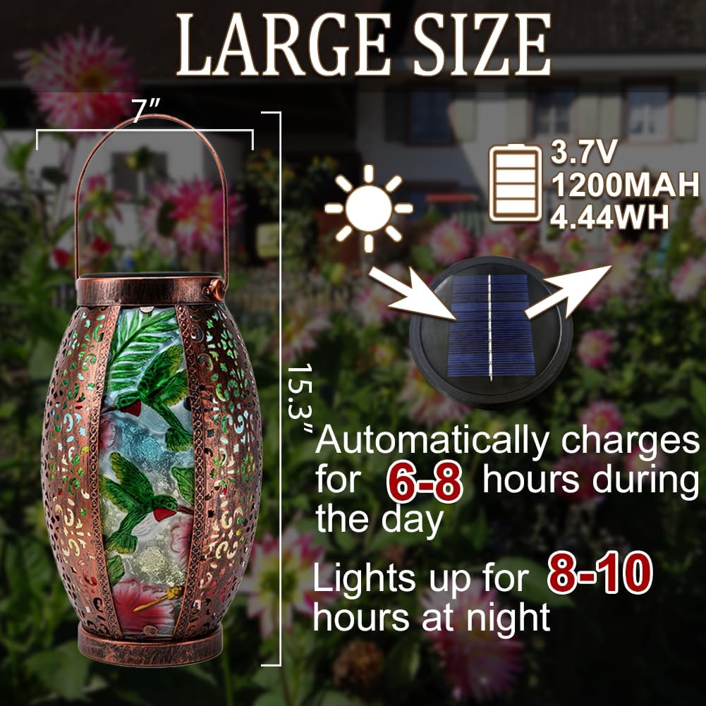 2PC Solar Lantern Outdoor Waterproof Glass & Metal Garden Decor Christmas Gifts for Women Mom Grandma Large Hanging Solar Light Tabletop Lamp for Yard, Patio, Porch (Hummingbird)