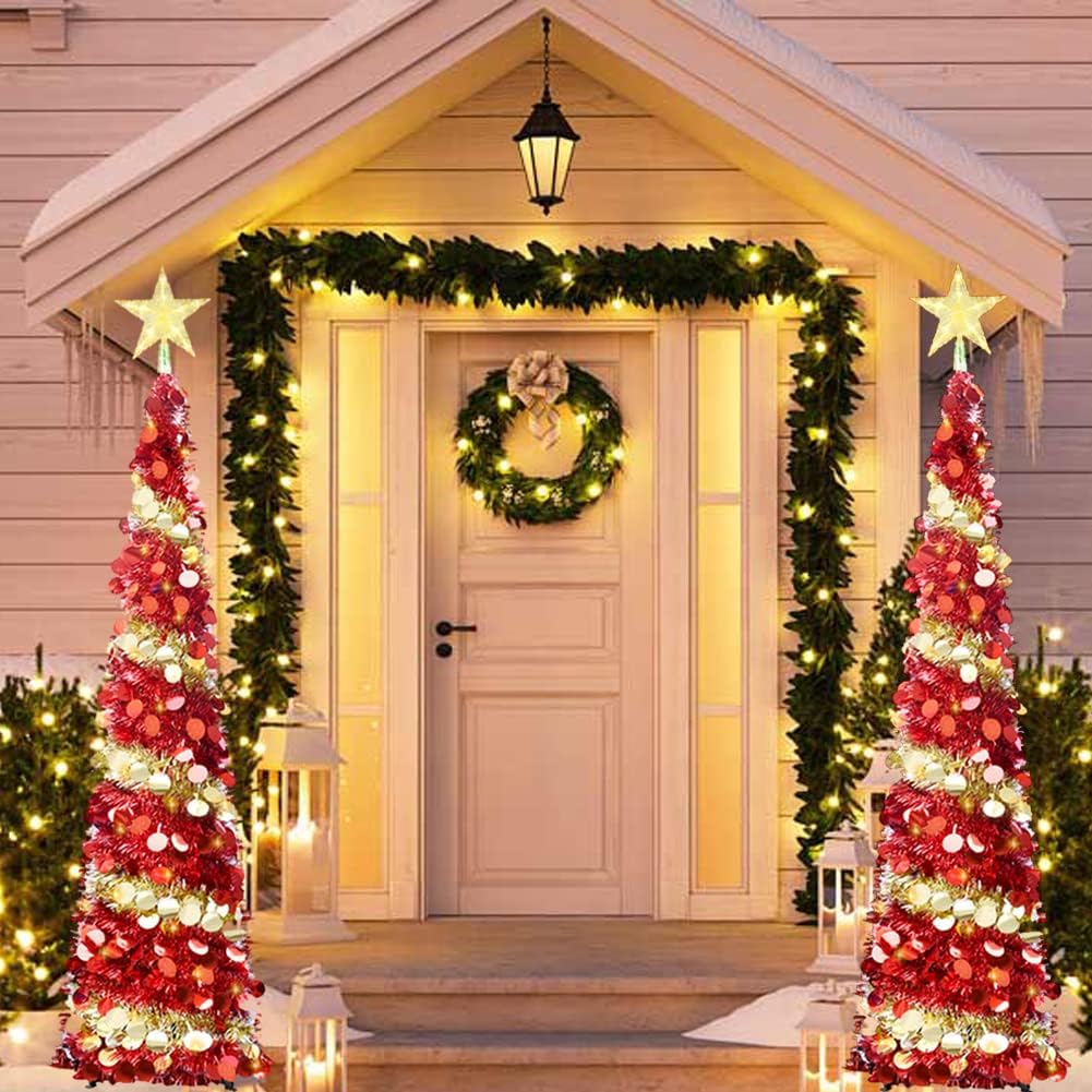 Pop-Up Artificial Christmas Tree, Collapsible Pencil Christmas Trees with 100LED Lights and Topper Star for Holiday Carnival Party Christmas Decorations (Red)