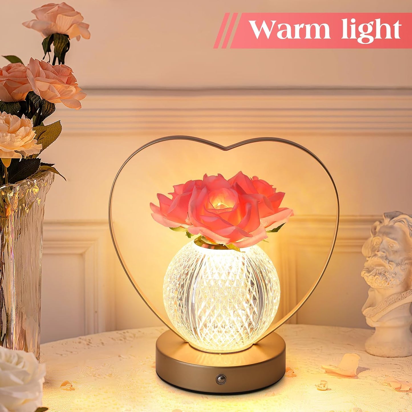 Birthday Gifts for Women,Roses Flower Rechargeable Cordless LED Touch Table Lamp,3-Colour Infinitely Dimming Small Night Light,Valentine Day,Mothers Day,Xmas Gifts for Mom Girlfriend Wife Grandma