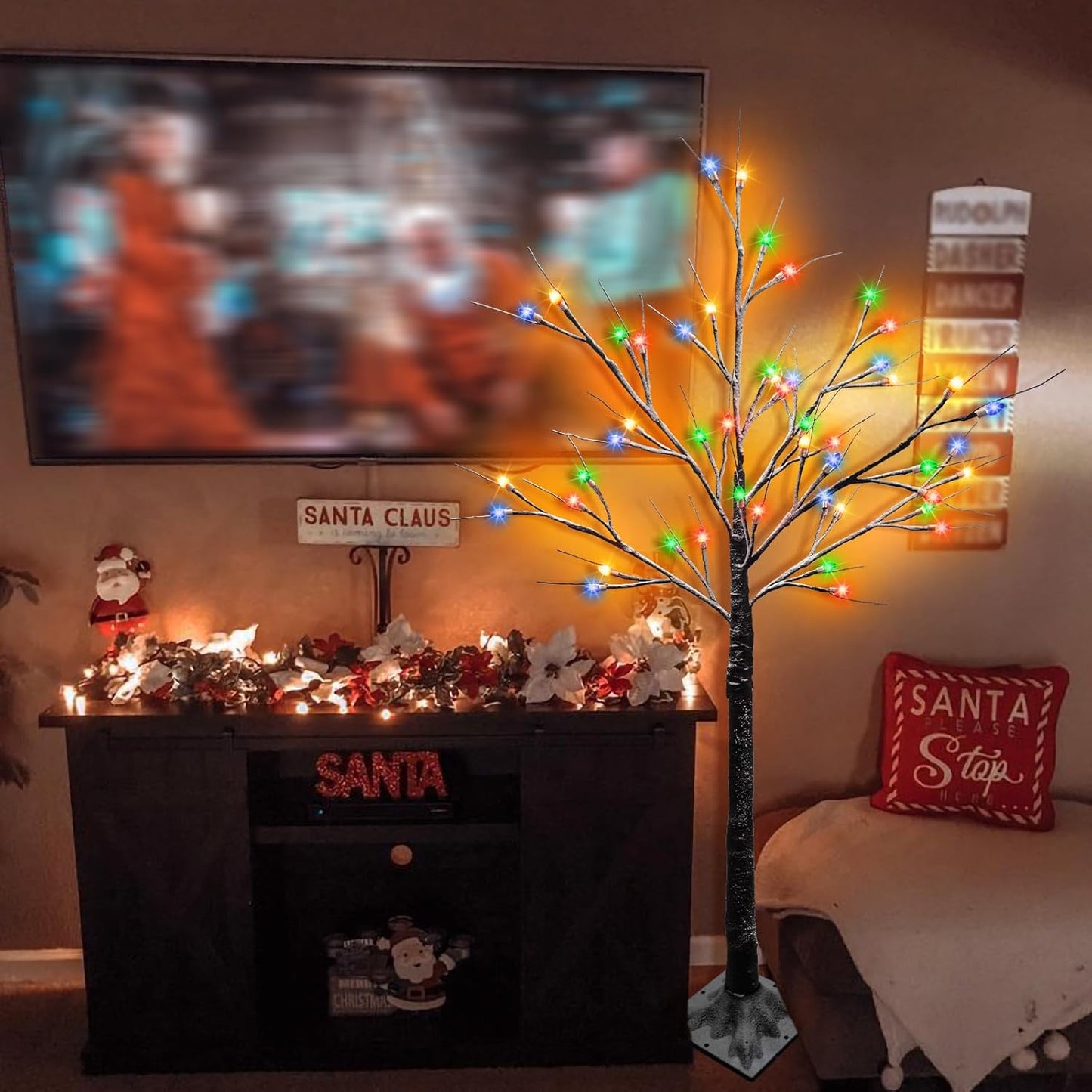 4FT Lighted Birch Tree, Black Christmas Tree with 48 LED Multicolor Lights Artificial Frosted Charlie Brown Christmas Birch Tree for Indoor Outdoor Home Party Christmas Decorations