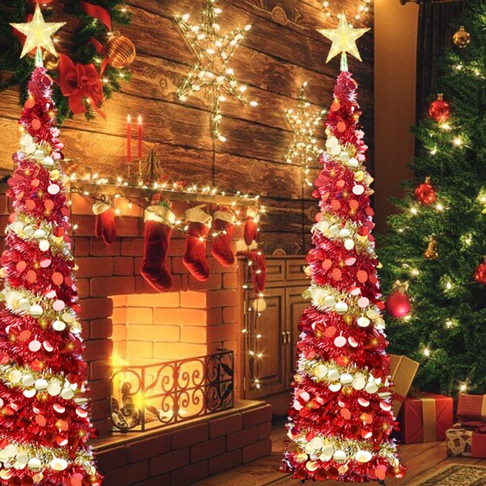 Pop-Up Artificial Christmas Tree, Collapsible Pencil Christmas Trees with 100LED Lights and Topper Star for Holiday Carnival Party Christmas Decorations (Red)